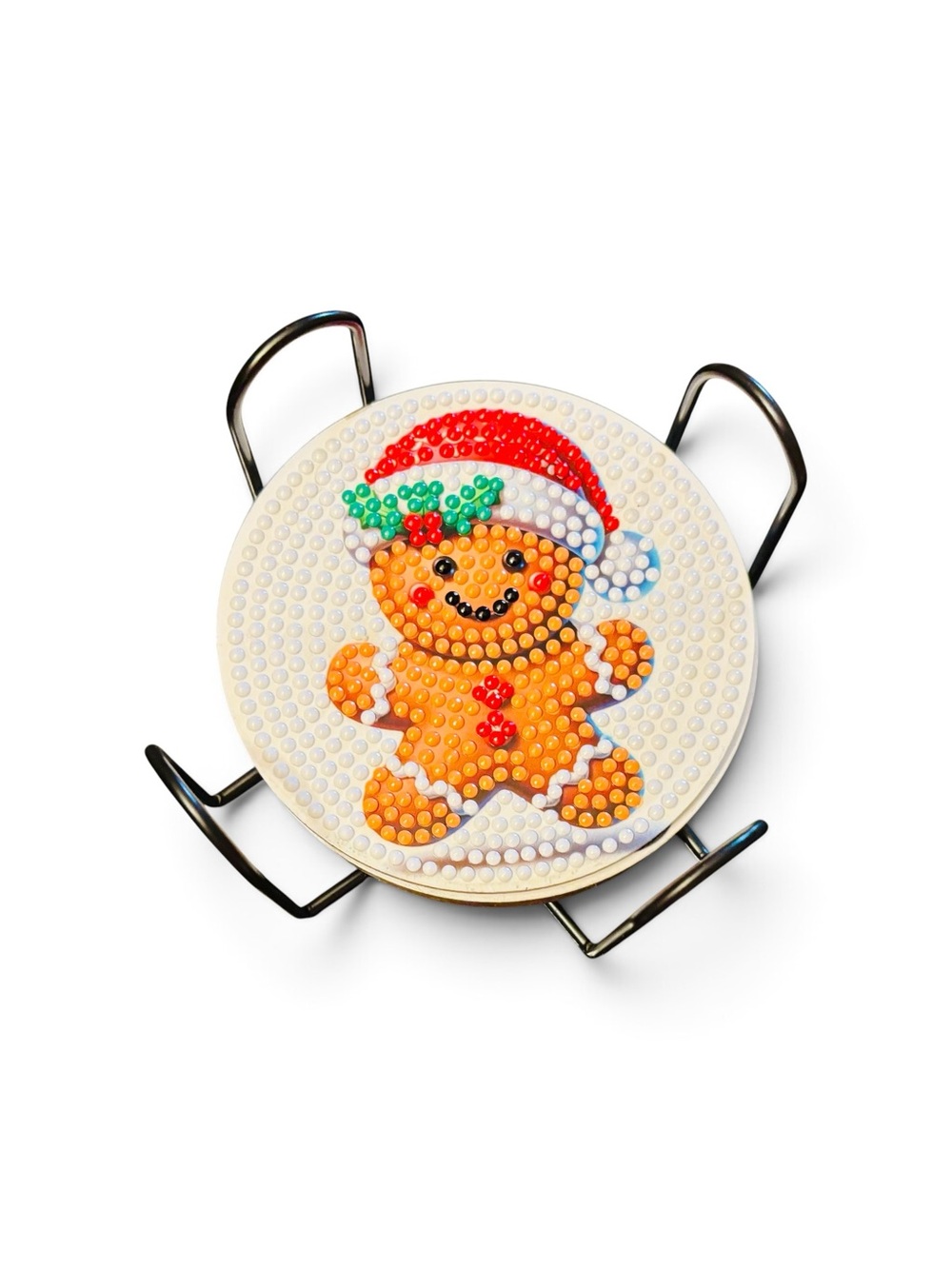 Gingerbread Man Coaster Set of 6 w/ Holder Hand Crafted & Sealed Diamond Art 4” - Picture 2 of 2